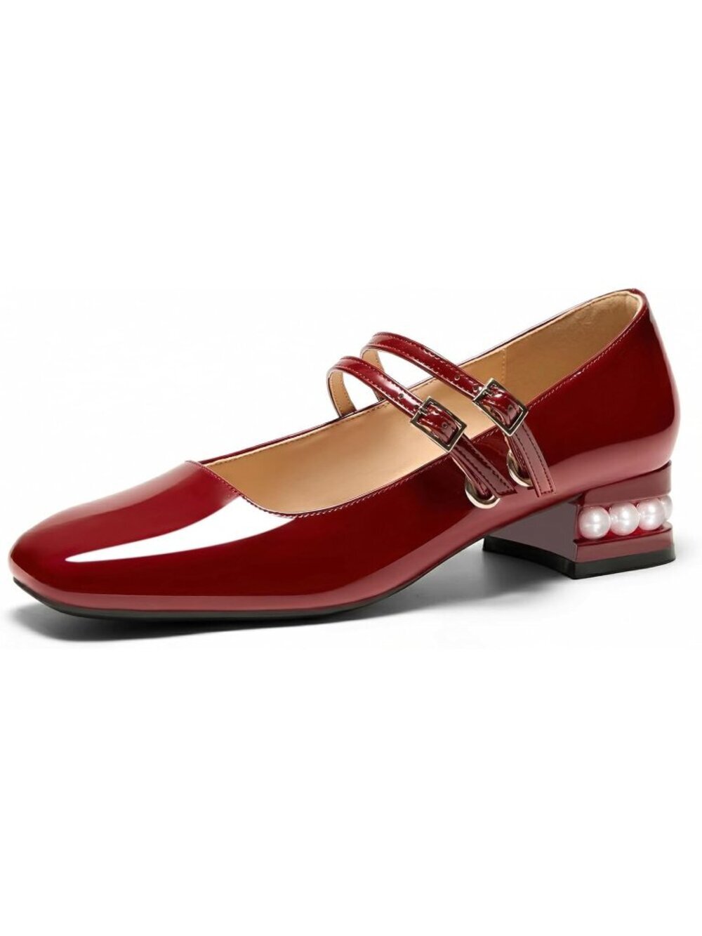 〽️Women Pearl Burgundy Mary Jane Low Heels Closed Square Toe Double Strap Shoes